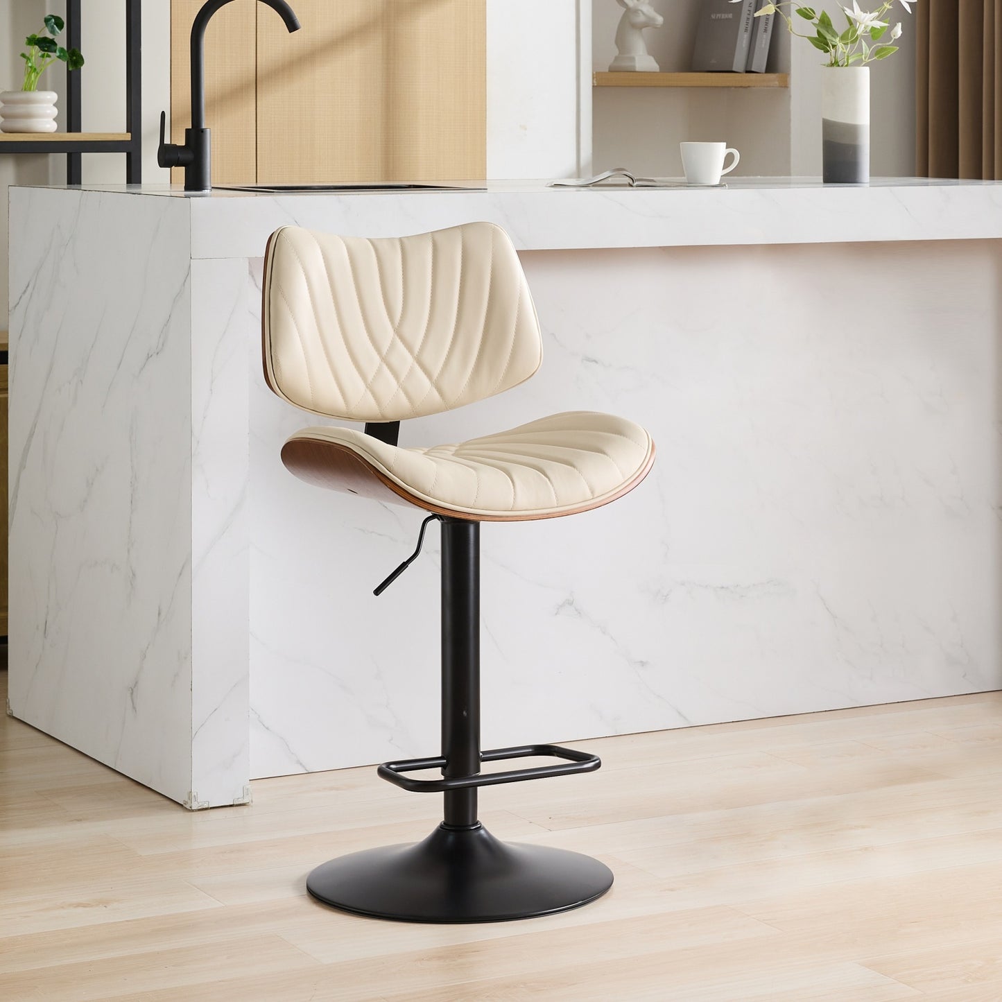 Walnut Bentwood Bar Stools Mid Century Modern Adjustable Counter Height Black Leather Upholstered 360 Swivel Bar Chairs For Kitchen Island Dining Room  Cafe, 1 Chair 1carton,Beige