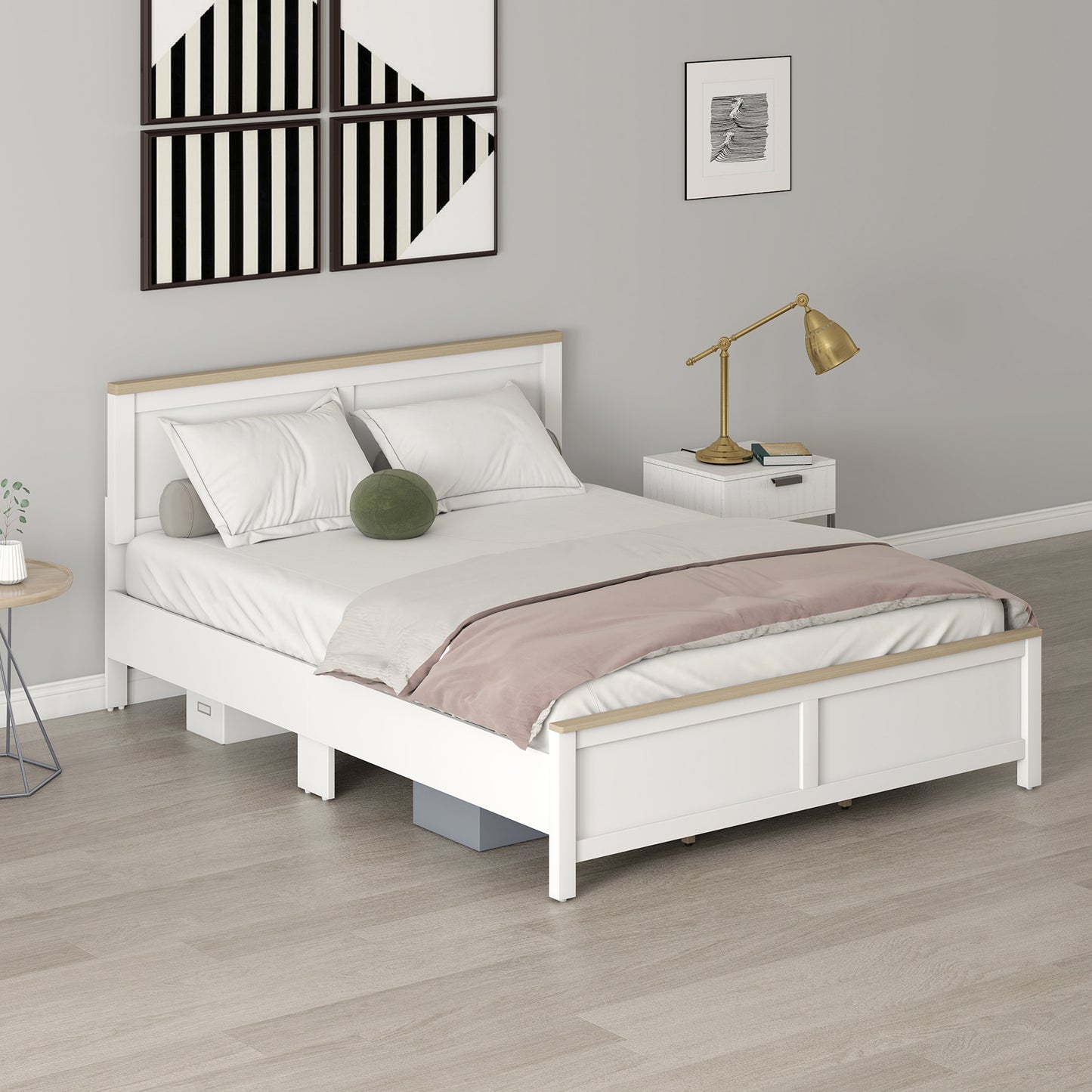 Queen Bed Frame with Headboard, Modern Platform Bed Frame with Wooden Slats, No Box Spring Needed, Easy Assembly, White