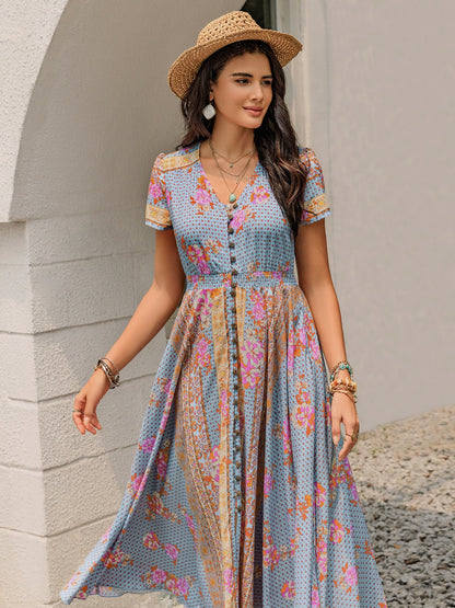 Smocked Floral V-Neck Short Sleeve Midi Dress