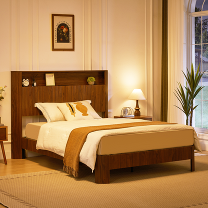 Full Extra Long Full XL  Size Bed Frame With Storage Headboard, Built-in Charging Station, Wavy Curved Lines Design, Silent Operation, Metal Support, Walnut