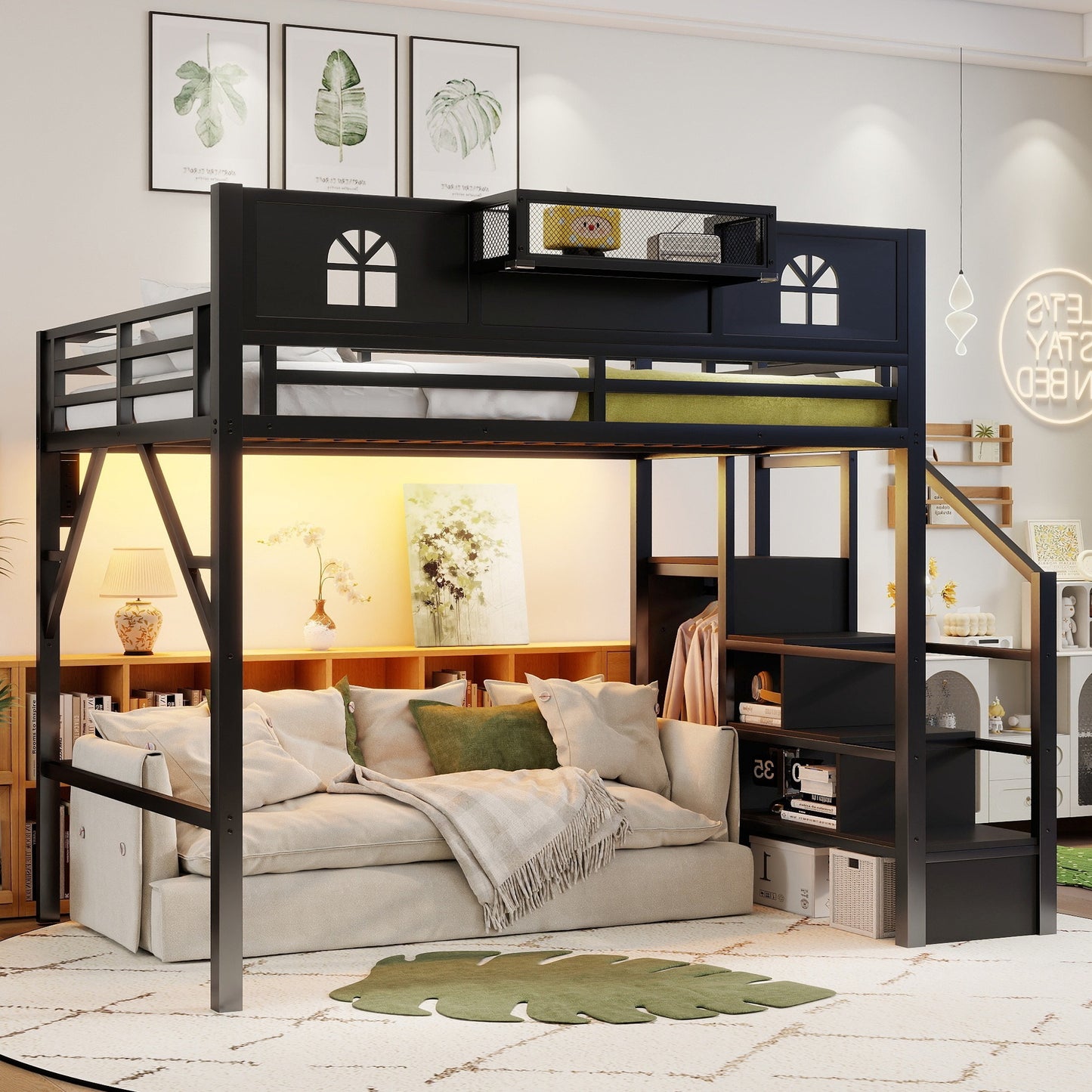 Full Size Loft Bed With Stairs, Metal Full Loft Bed With High And House Shaped Guardrails, High Loft Bed With Wardrobe For Kids Teens, Black