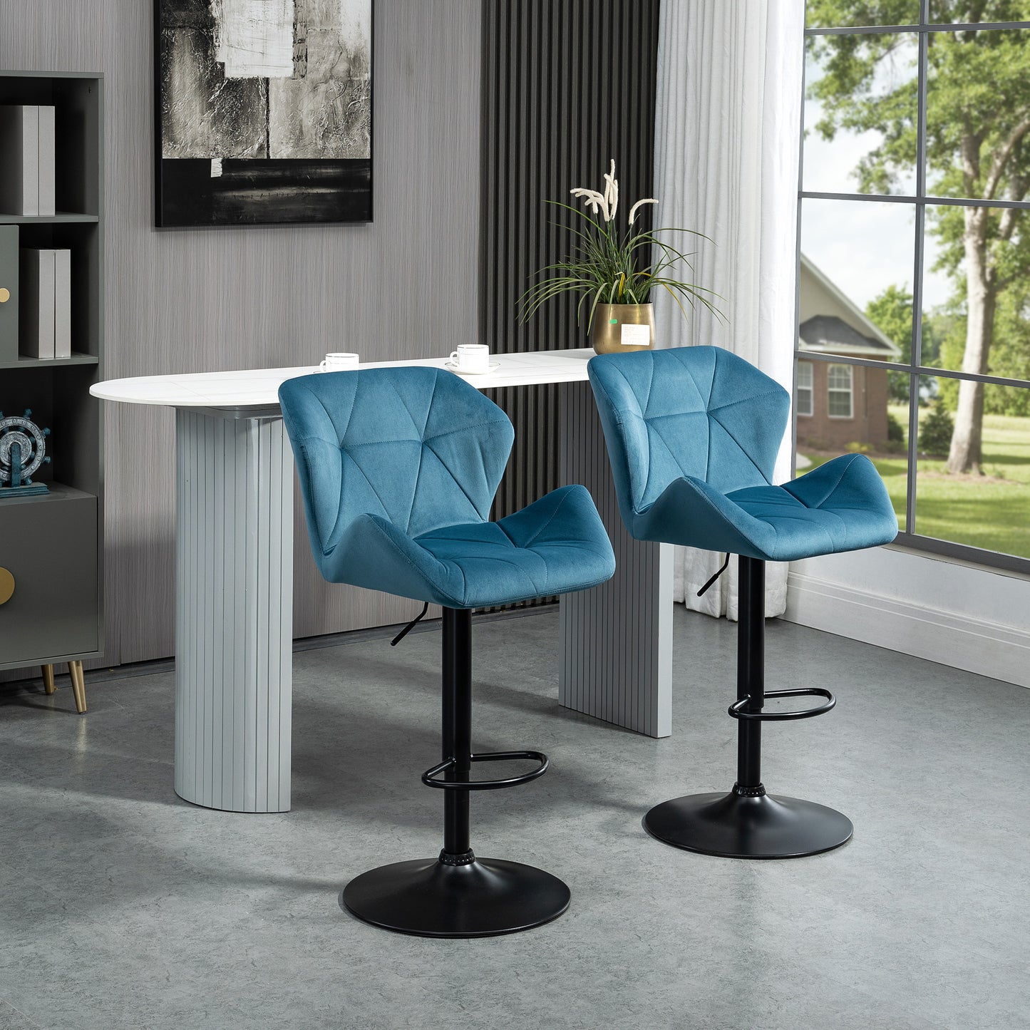 Bar Stools Set Of 2, Luxurious Velvet-Touch Barstools With Metal Frame Footrest Round Base Triangle Indenting Moulded Seat Adjustable Height Swivel Blue