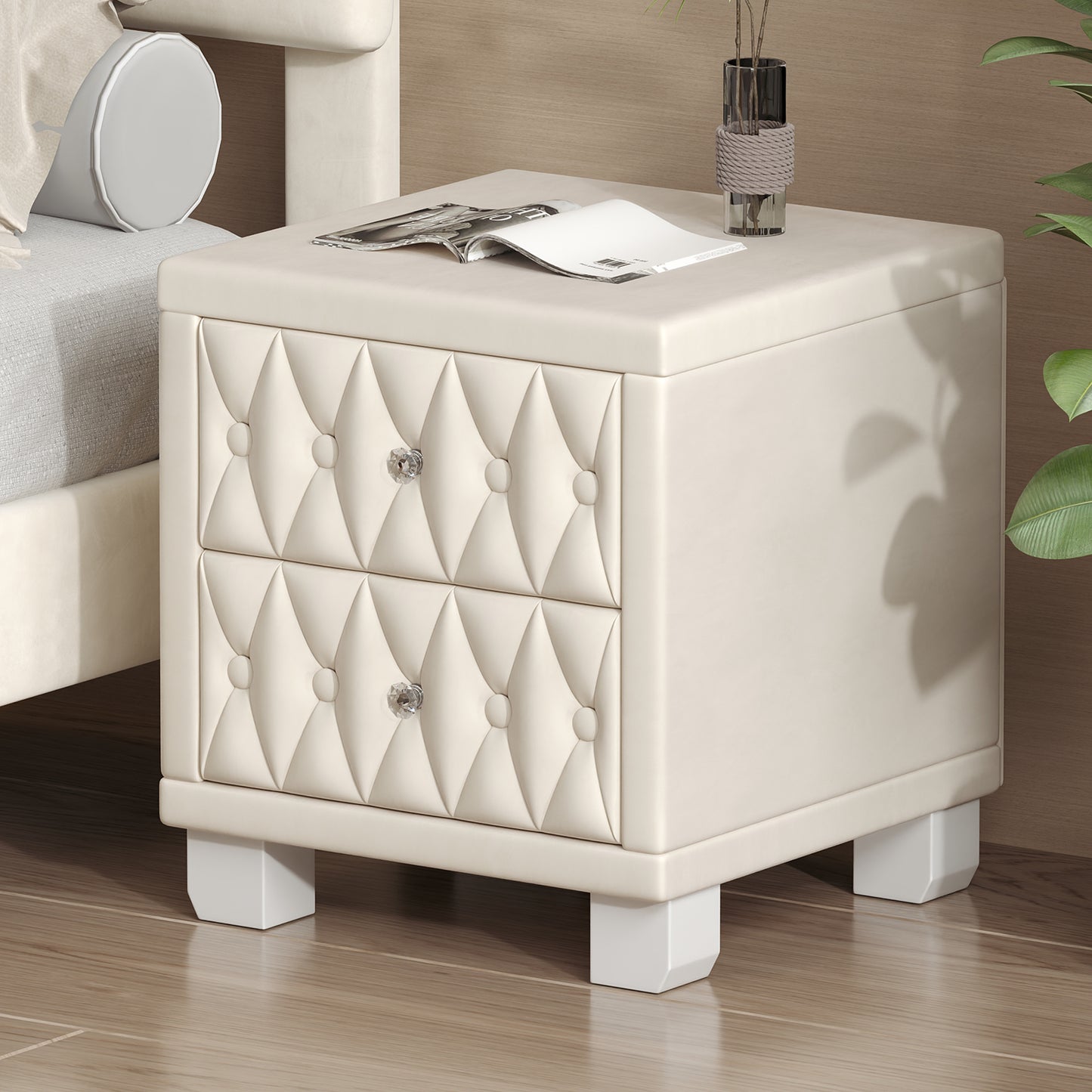 Elegant Velvet Nightstand With 2 Drawers And Crystal Handle, Storage Bedside Table With Button-Tufted, Beige