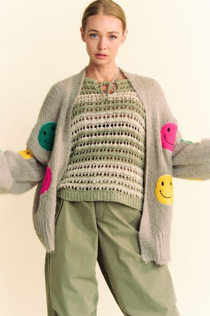 Back To School Sweater - Davi & Dani Fuzzy Smile Open Front Long Sleeve Cardigan