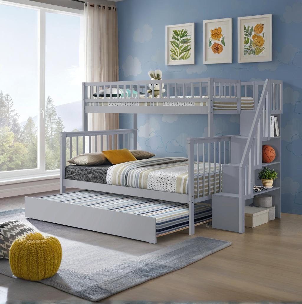 Twin Over Full Stairway Bunk Bed With Trundle,Gray