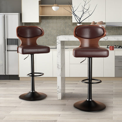 Bar Stools Set Of 2, Bentwood Swivel Barstools Seat Adjustable Height 24.5-33.5IN With Back & Footrest - PU Leather Upholstered Bar Chair For Dining Room