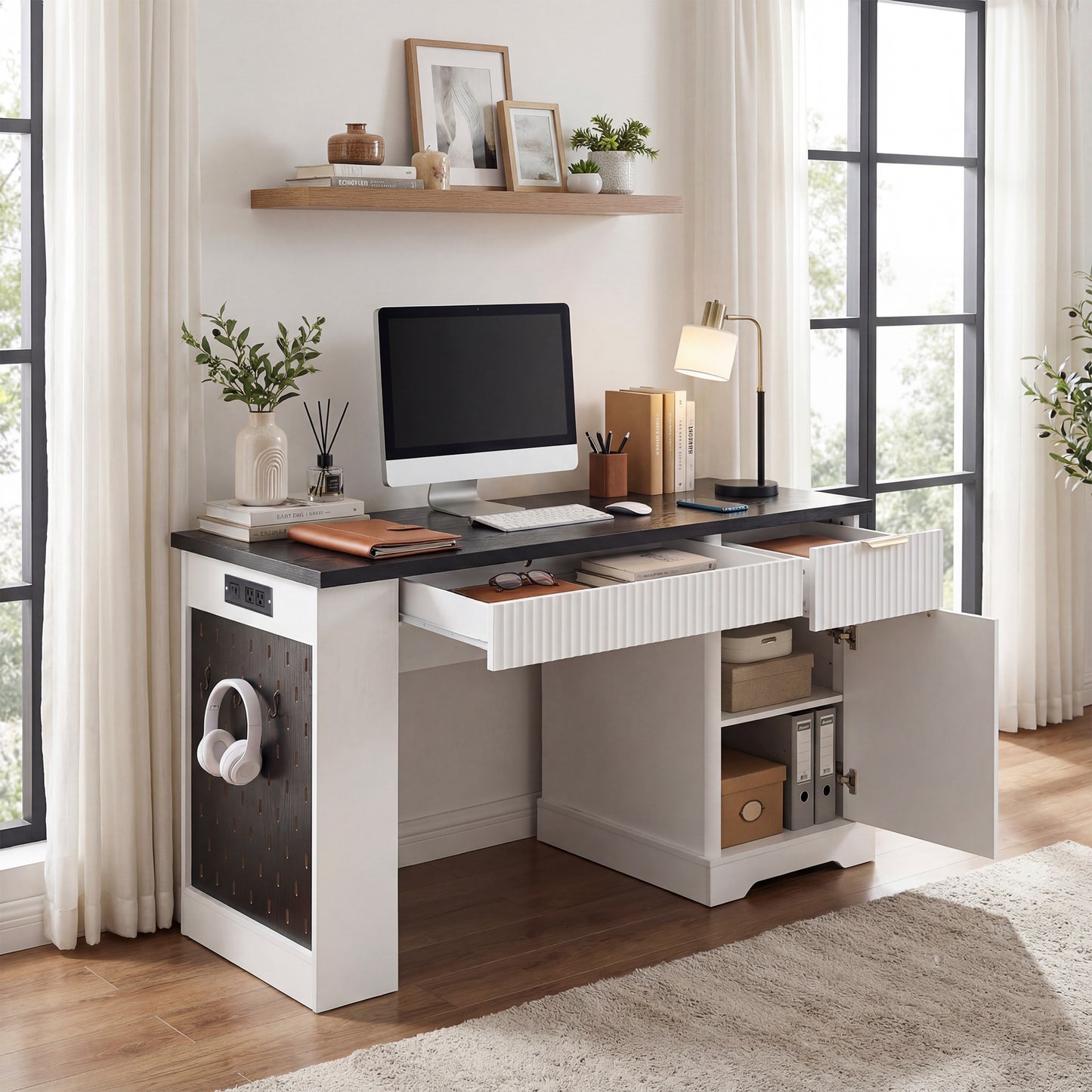 55 Modern Fluted Office Desk With Storage Cabinet  Drawers, Computer Writing Desk With Power Outlet, Pegboard, Built-in Shelves And Keyboard Tray For Study, Living Room, Home Office, White