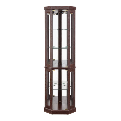 Corner Glass Cabinet Lighted Curio Cabinet Corner Display Case For Living Room, Curio Cabinet, Antique Collection, Wine,Bar Glass Storage Light Included,Dark Cherry