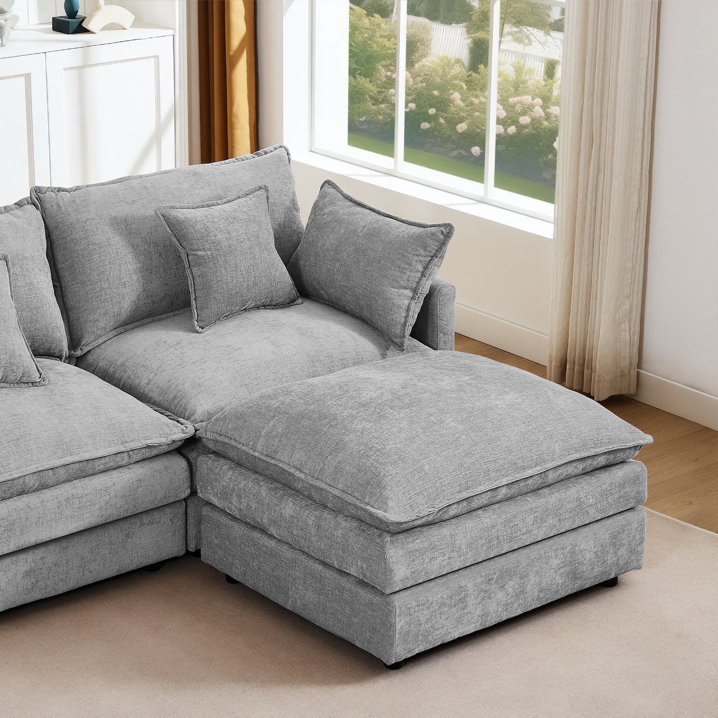 Modular Sectional Sofa, 102 Inch L Shaped Couch Set For Living Room, 3-Seater Comfy Cloud Couches With Movable Ottoman, DIY Combination, Chenille, Grey