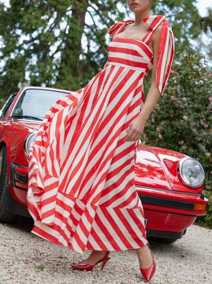 Striped Square Neck Wide Strap Dress