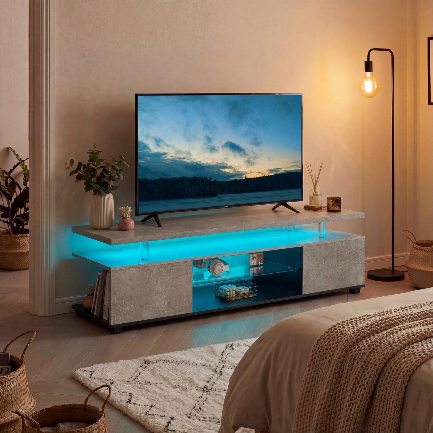 TV Stand For 55 Inch TV LED Gaming Entertainment Center Media Storage Console Table With Large Side Cabinet For Living Room GreyBlack