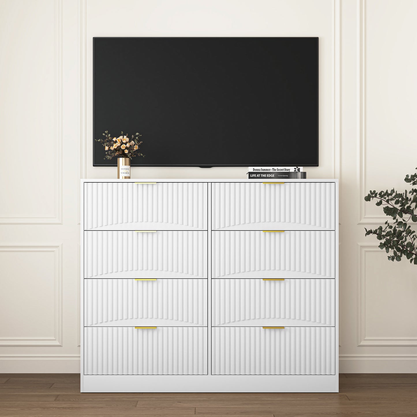 Modern 8 Drawers Dresser Chests For Bedroom,47.2 Wide Wood Chest Of Drawers With Gold Metal Handle,Drawer Organizer For Bedroom,Living Room,Hallway And Entryway,White