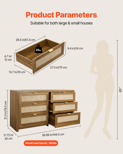 6 Drawer Rattan Dresser, Double Dresser For Bedroom, Natural Rattan Chest Of Drawer With Metal Handle, Modern Wood Chest Clothing Organizer & Storage For Bedroom, Living Room, Hallway, Walnut