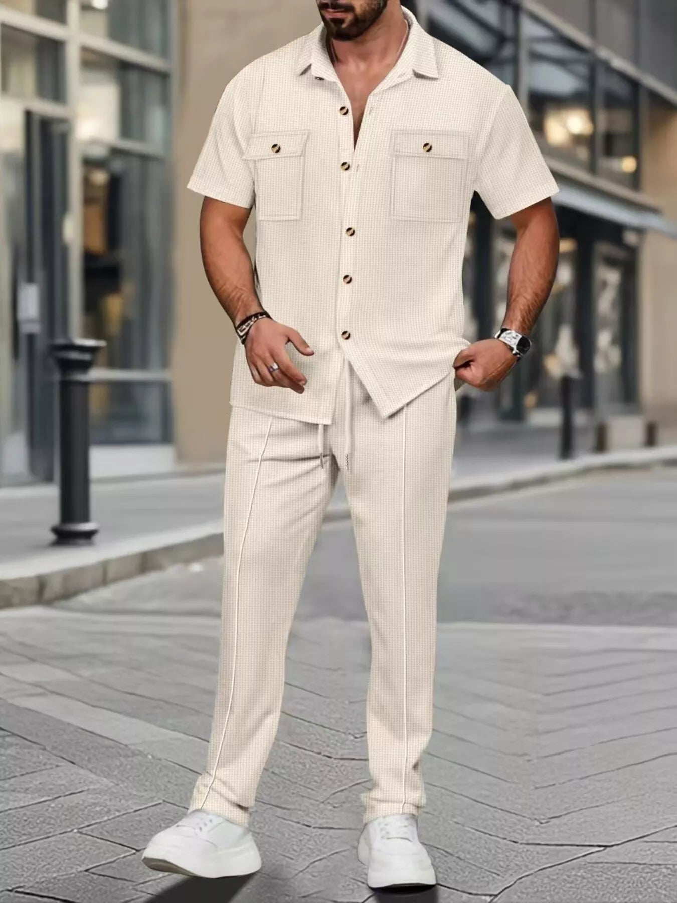 Men's Full Size Casual Short Sleeve Shirt and Pants Set Plus Size