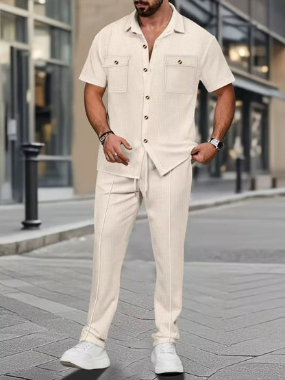 Men's Full Size Casual Short Sleeve Shirt and Pants Set Plus Size