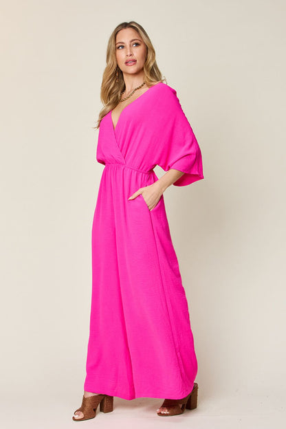 Tie-Waist Jumpsuit with Wide Legs and Short Sleeves