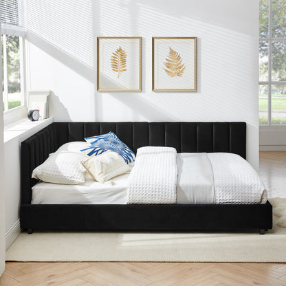 Full Size Upholstered Tufted Bed Frame, Sofa Bed Frame With Comfortable Backrest And Armrests, Full Size Bed For Bedroom, Living Room,Velvet-Black 81x60x29.5