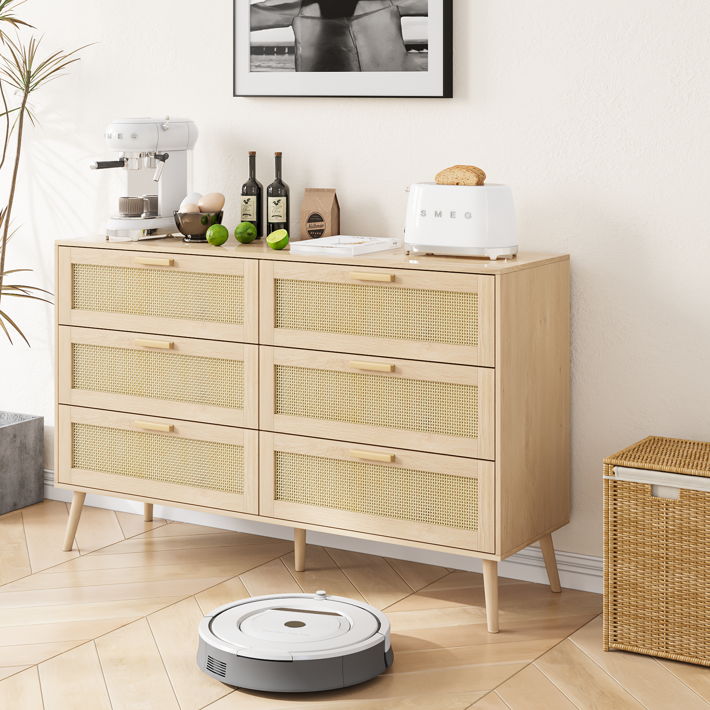 Rattan 6 Drawers  Chest  Of Dressers For Bedroom, Modern 6 Drawer Dresser, Wide Chest Of Drawers With Wood Handles,  Rattan Dresser Storage Cabinet For Living Room, Bedroom, Hallway
