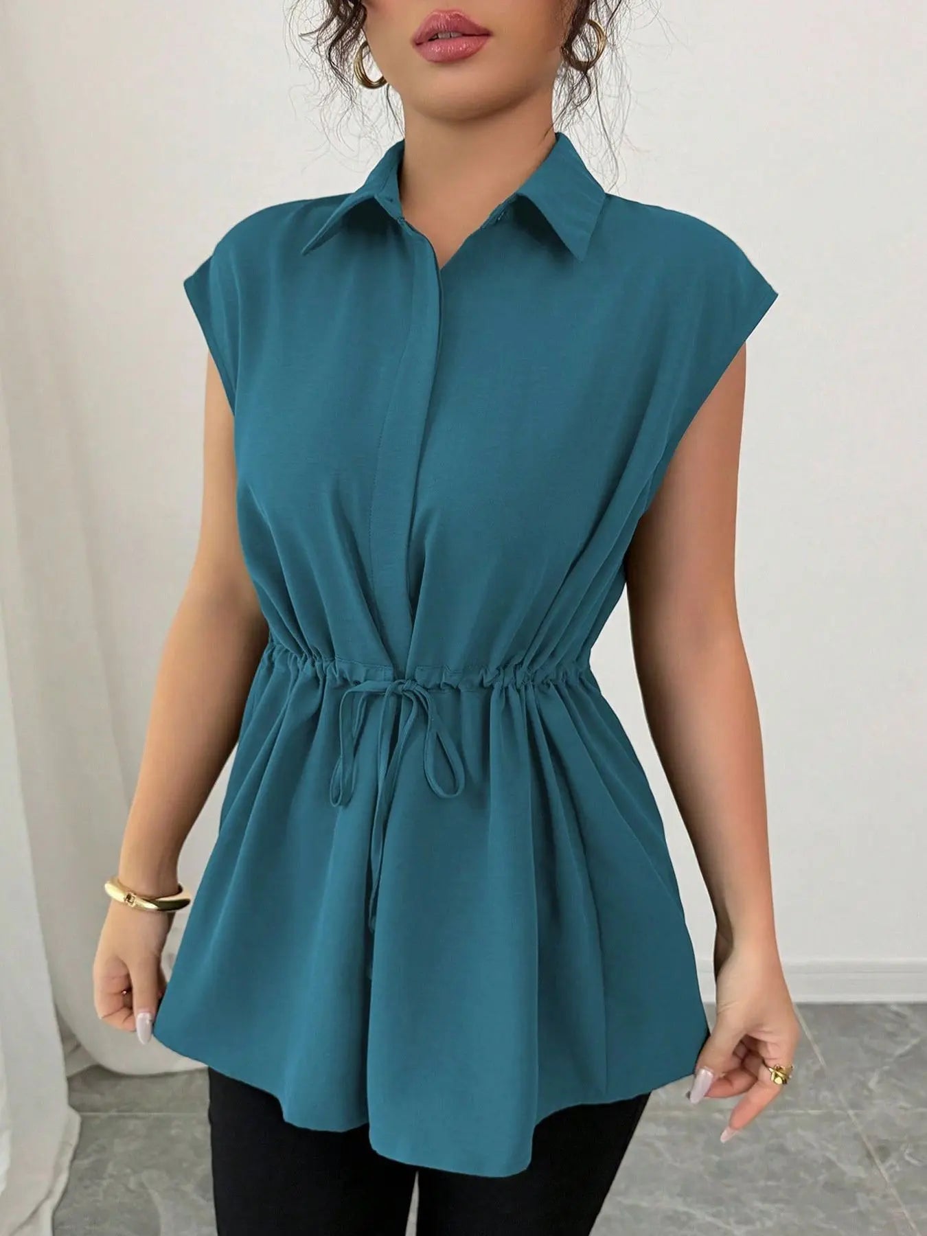 Drawstring Waist Cap Sleeve Shirt