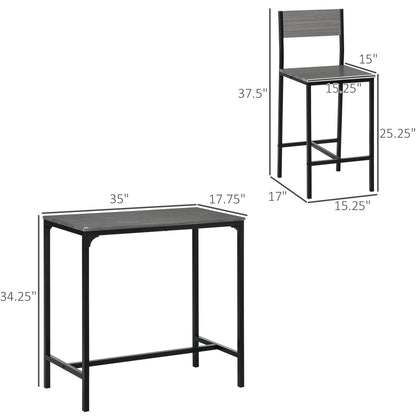 3 Piece Bar Table and Chairs, Industrial Dining Table Set for 2, Counter Height Kitchen Table with Bar stools, Breakfast Table Set for 2 for Small Space, Gray