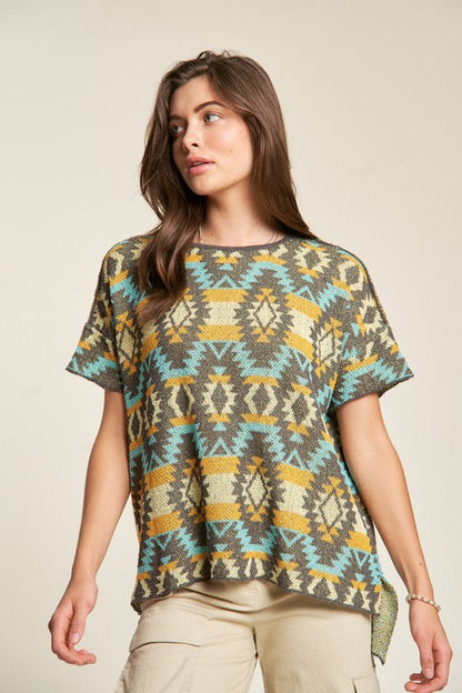Back To School Sweater - Davi & Dani High-Low Geometric Round Neck Knit Top