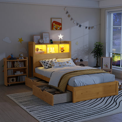 Twin Size Bed With Drawers, Wood Twin Bed With Storage Headboard And Pull Out Storage Cabinet, Wood Bed With Light And Socket, Natural Expect Arrival Date 2026 2 10