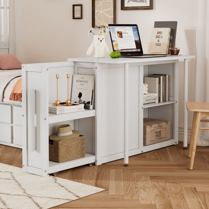 Twin Size Multifunctional Wood Platform Bed With Desk And Storage Shelf At The End Of The Bed, Built-in Trundle And 3 Drawers, White