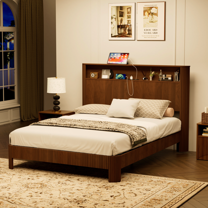 Queen Size Bed Frame With Storage Headboard, Built-in Charging Station, Wavy Curved Lines Design, Silent Operation, Metal Support, Walnut