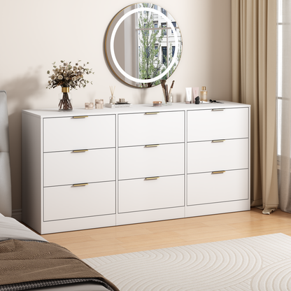 White 9 Drawer Dresser, 63 Large Deep Chest Of Drawers, Wooden Dresser Storage Cabinet With 9 Drawers For Bedroom, Long Dressers For Living Room, Hallway