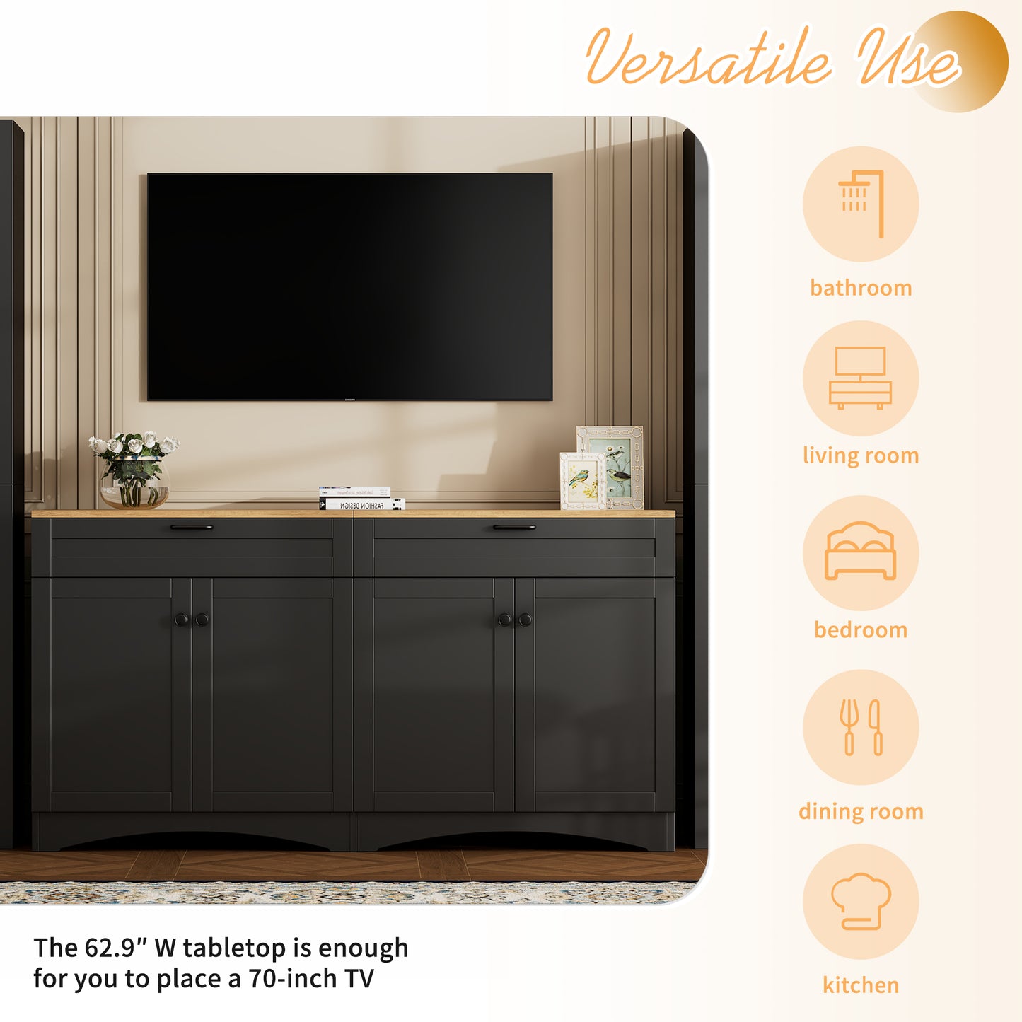 ON-TREND 3-Piece Farmhouse Entertainment Center With Storage Cabinet For TVs Up To 70, Mid-Century TV Stand With Bookshelf, Rustic Versatile Sideboard With Adjustable Shelves For Living Room, Black