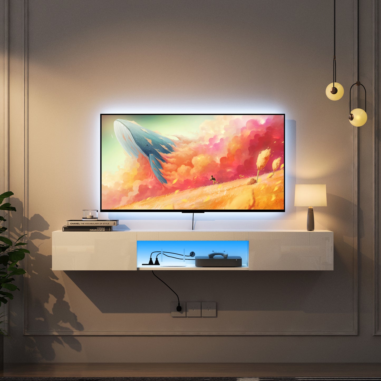 Floating TV Stand Wall Mounted With 16 Color LEDs, Modern TV Stand,Floating TV Cabinet Entertainment Center For 55 60 65 Inch TV,White