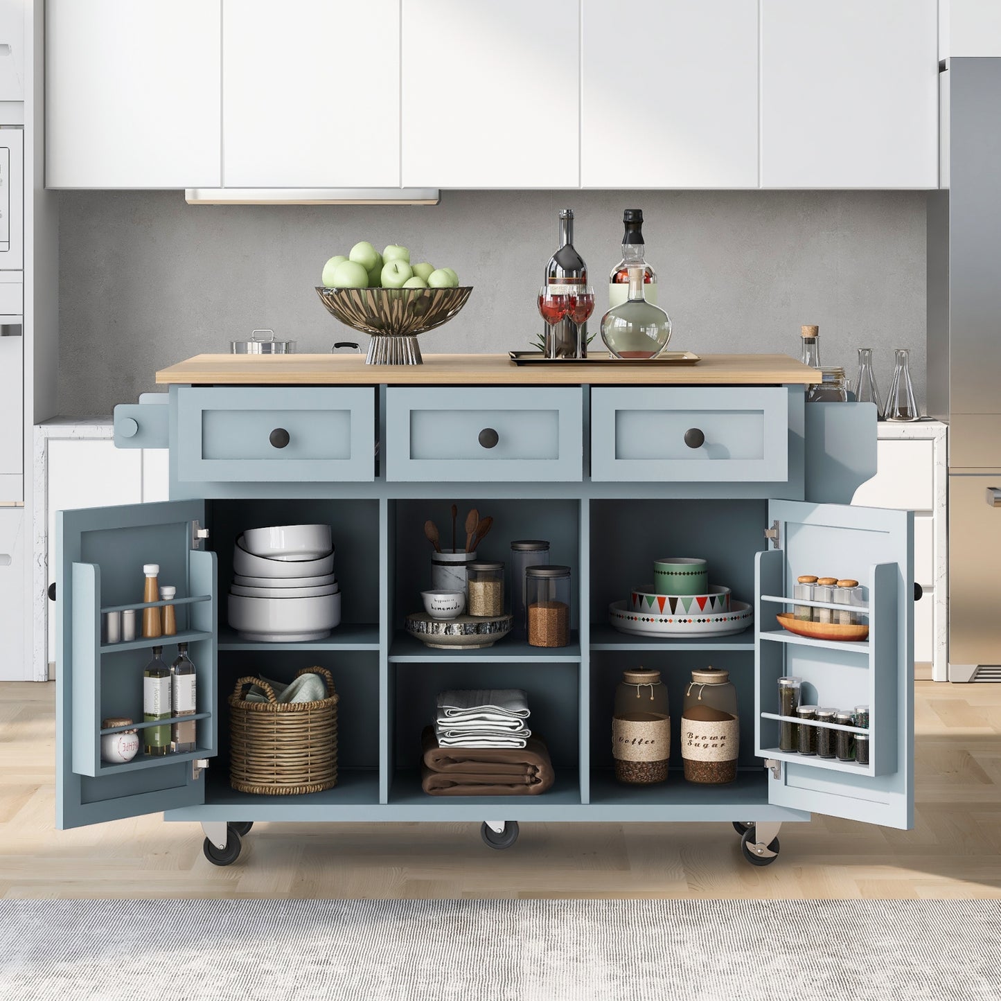 Kitchen Cart With Rubberwood Drop-Leaf Countertop, Cabinet, Storage Racks