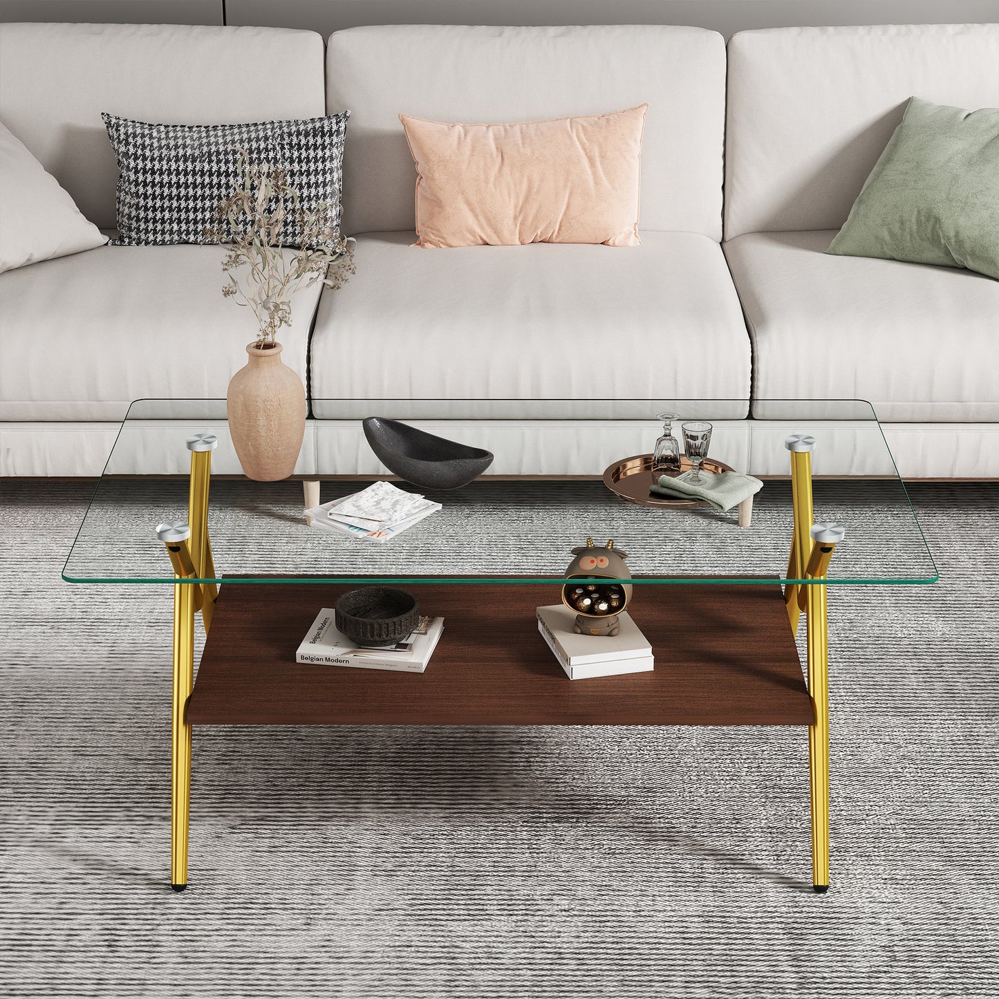 Rectangle Coffee Table With Tempered Glass Top And Golden Metal Legs, Modern Table For Living Room , Transparent Glass