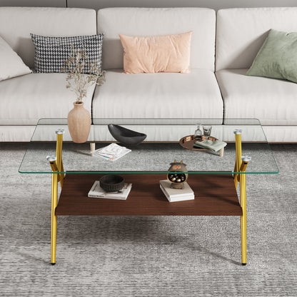 Rectangle Coffee Table With Tempered Glass Top And Golden Metal Legs, Modern Table For Living Room , Transparent Glass