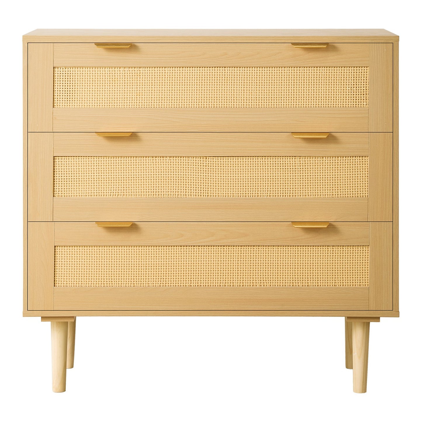 3 Drawer Rattan Dresser, Modern Closet Dresser For Bedroom, Natural Rattan Chest Of Drawers With Metal Handles & Wooden Legs, Chest Clothing Organizer & Storage For Bedroom, Living Room, Hallway