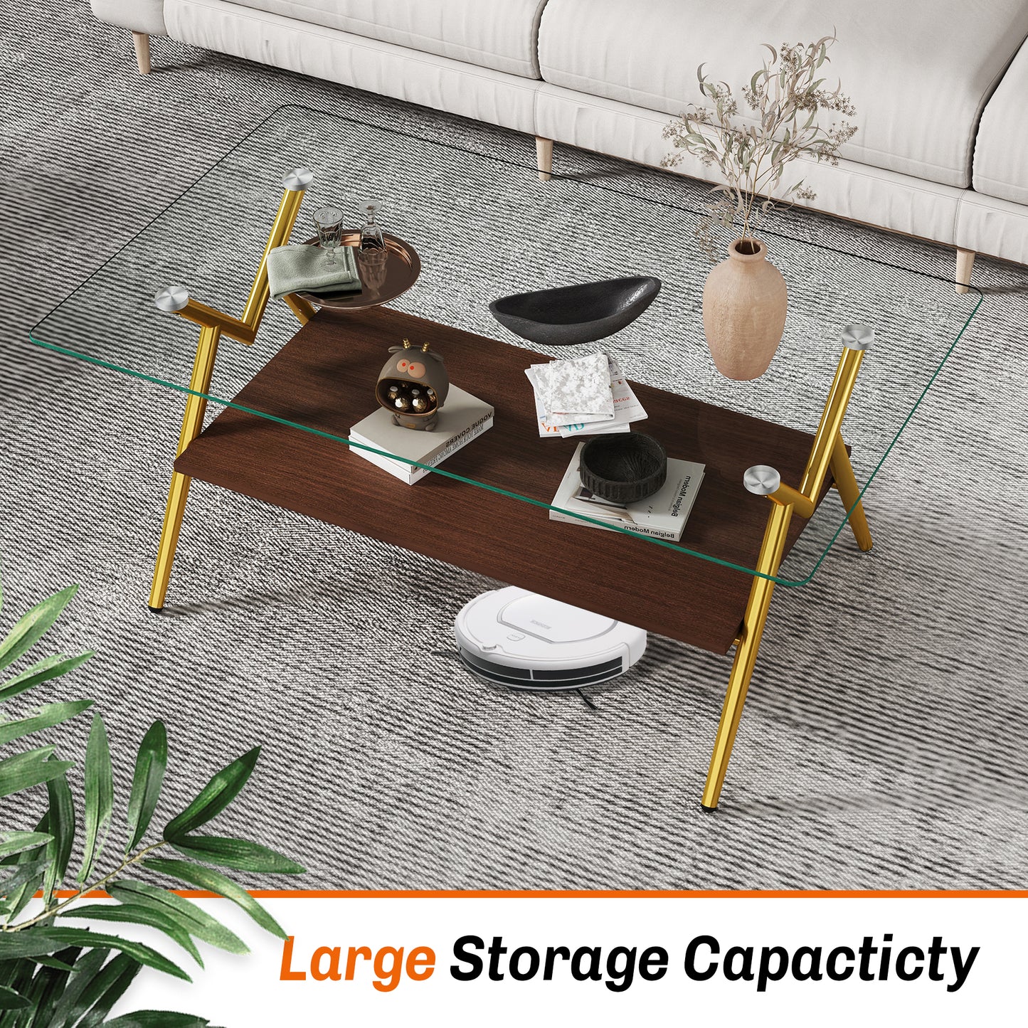 Rectangle Coffee Table With Tempered Glass Top And Golden Metal Legs, Modern Table For Living Room , Transparent Glass