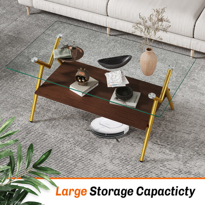 Rectangle Coffee Table With Tempered Glass Top And Golden Metal Legs, Modern Table For Living Room , Transparent Glass