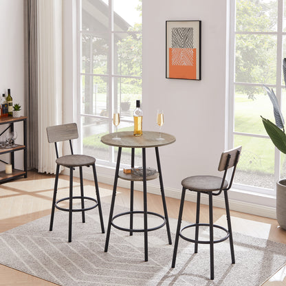 Round Bar Stool Set With Shelf, Upholstered Stool With Backrest Grey, 23.62  W X 23.62  D X 35.43  H.