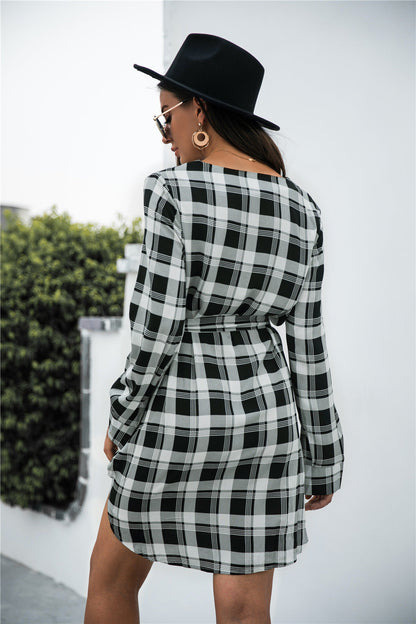 Plaid V-Neck Tie Waist Dress