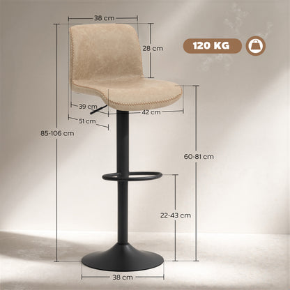 Bar Stools Set Of 2, PU Leather Barstools With Backrest And Footrest For Kitchen, Counter, Breakfast Bar, Light Brown