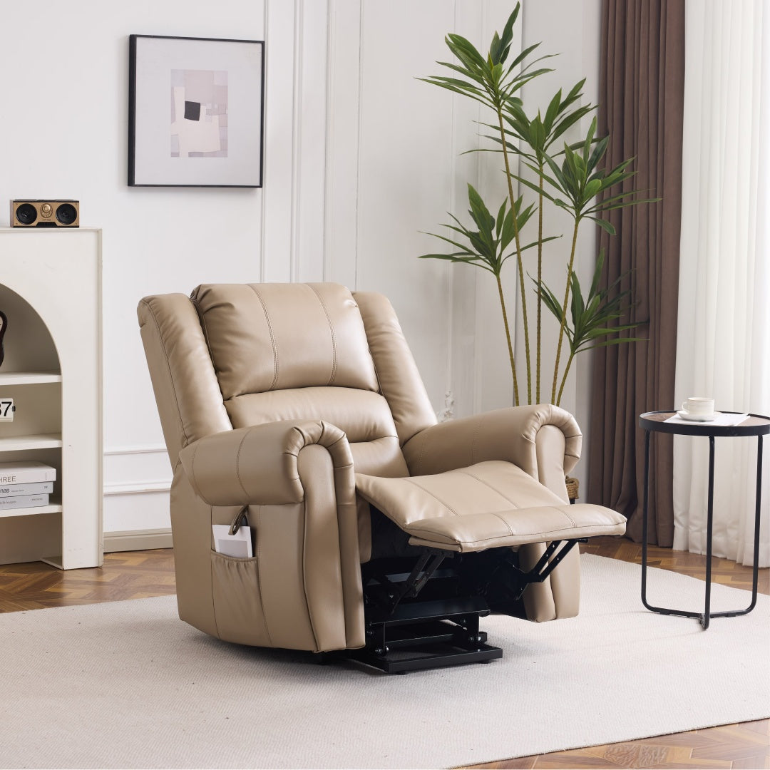 Power Lift Recliner Chair With Massage & Heat, Single Motor Lift Chair, Breathable PU Faux Leather, USB & Type-C, Side Pockets, Light Brown
