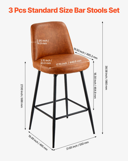 Bar Stool Set Of 3, 27 Inch Counter Height Swivel Stools, Modern PU Leather Counter Barstool With Backrest And Metal Legs, Armless Bar Chair, Island Barstool For Kitchen, Dining Room, Brown