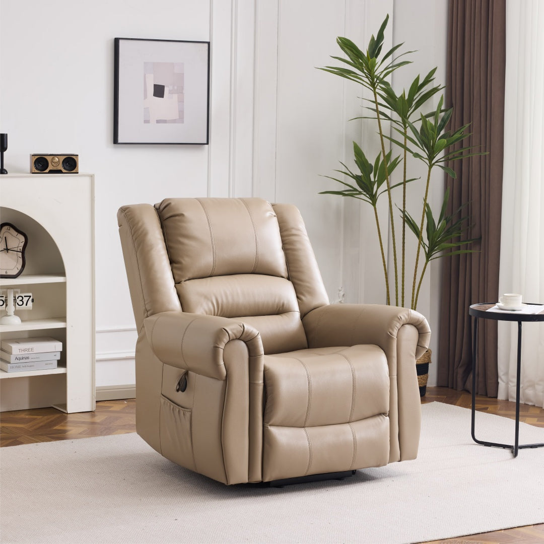 Power Lift Recliner Chair With Massage & Heat, Single Motor Lift Chair, Breathable PU Faux Leather, USB & Type-C, Side Pockets, Light Brown