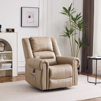 Power Lift Recliner Chair With Massage & Heat, Single Motor Lift Chair, Breathable PU Faux Leather, USB & Type-C, Side Pockets, Light Brown