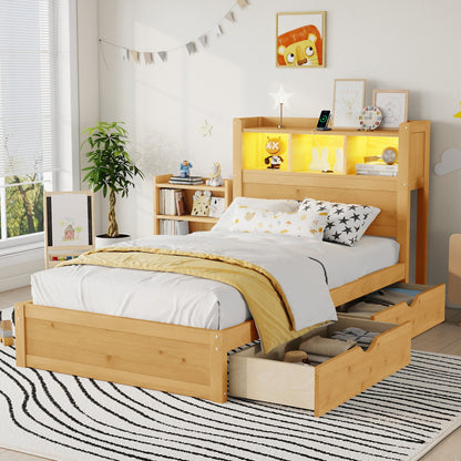 Twin Size Bed With Drawers, Wood Twin Bed With Storage Headboard And Pull Out Storage Cabinet, Wood Bed With Light And Socket, Natural Expect Arrival Date 2026 2 10