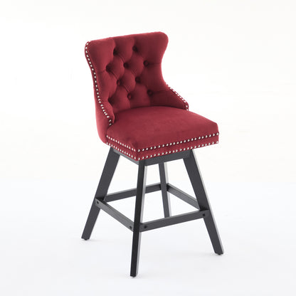 Swivel Velvet Barstools With Button Tufted Decoration And Wooden Legs, And Chrome Nailhead Trim, Leisure Style Bar Chairs,Bar Stools, Set Of 2 Wine Red