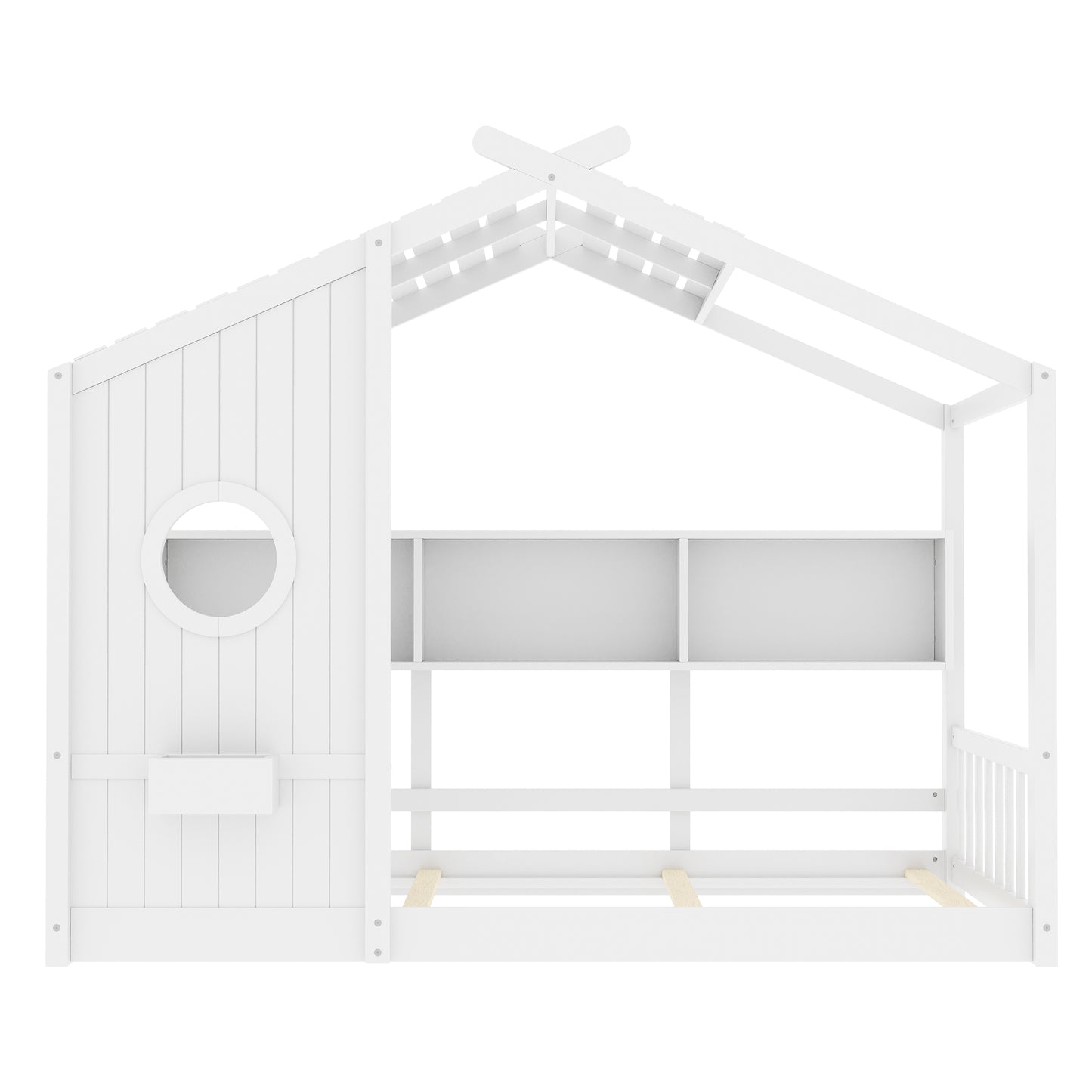 Twin Size Floor House Bed For Toddler, Kids Montessori Bed  With Storage Shelf, Playhouse Bed With Roof Design, White