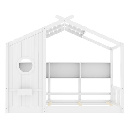 Twin Size Floor House Bed For Toddler, Kids Montessori Bed  With Storage Shelf, Playhouse Bed With Roof Design, White