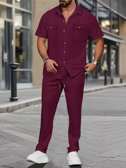 Men's Full Size Casual Short Sleeve Shirt and Pants Set Plus Size