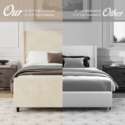 50.7'' High Headboard Corduroy Upholstered Bed Frame With Vertical Stripe Wingback And High Footboard No Box Spring Needed, Queen Size, Cream